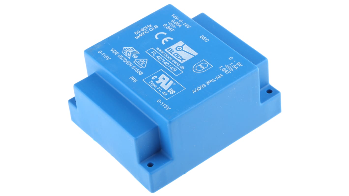 Block 9V ac, ±14V ac 2 Output Through Hole PCB Transformer, 45VA