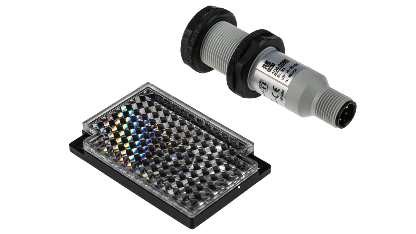 RS PRO zylindrisch Optischer Sensor, Retroreflektierend, Bereich 3 m, PNP, Schließer Ausgang, M12-Steckverbinder,