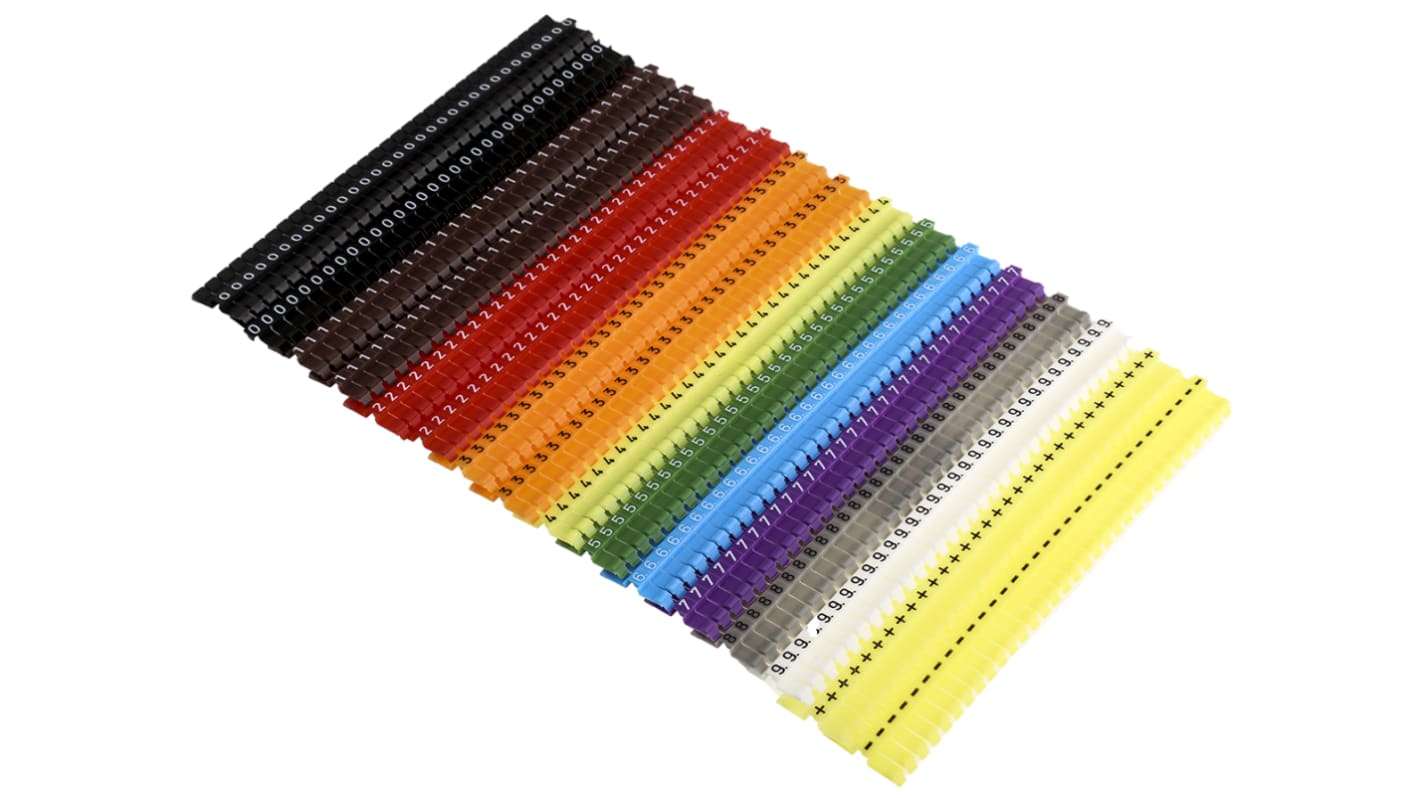 JLP PLIO®-CLIP Clip On Cable Markers, assorted colours, Pre-printed "-, +, 0 → 9", 2.2 → 3.6mm Cable,