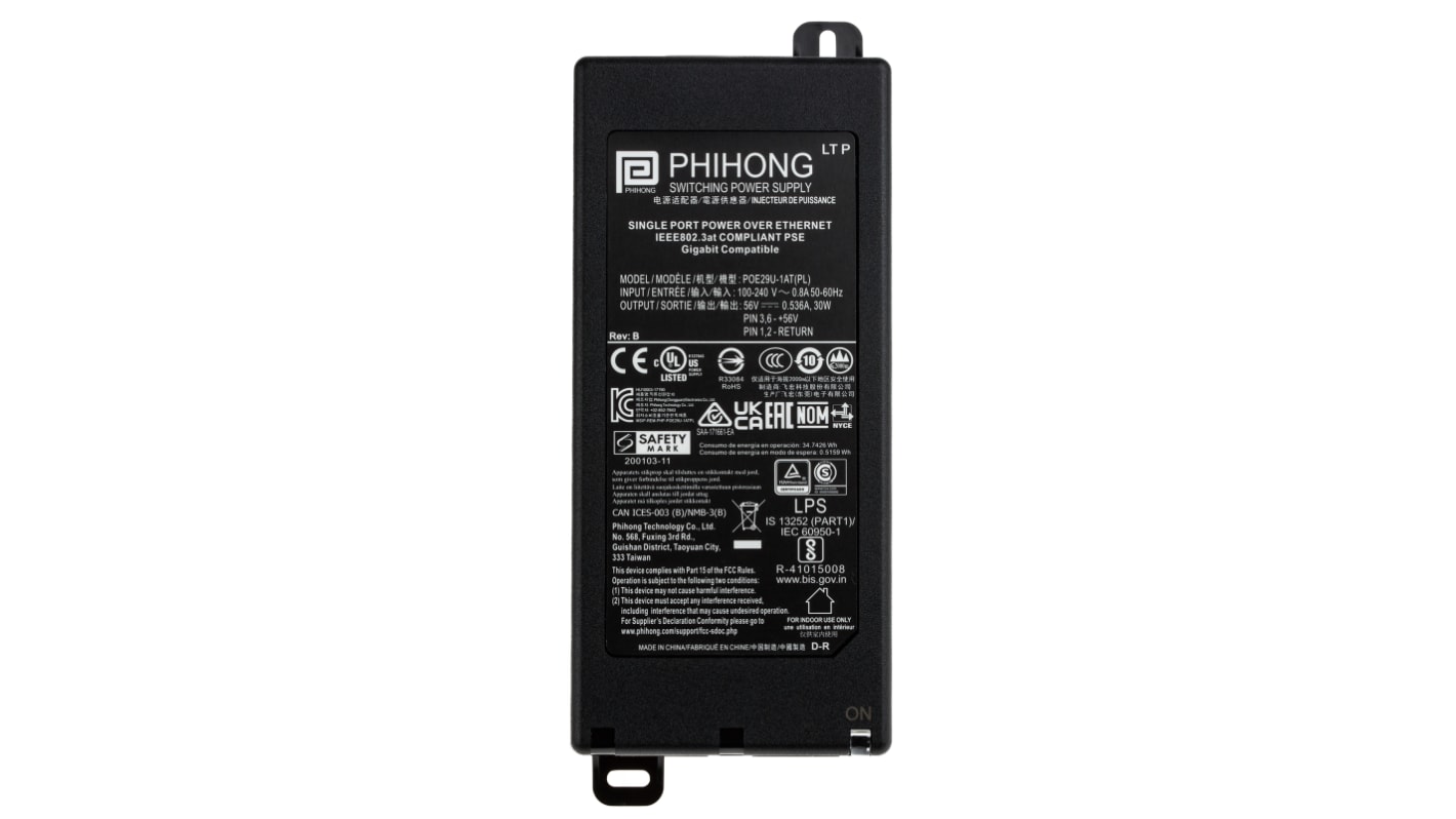 Phihong PoE Injektor 240V ac Input / 56V dc Output, 536mA 1 Port 30W