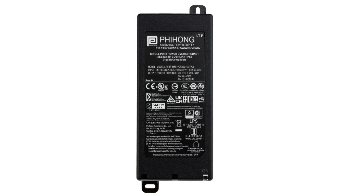 Phihong Single Port POE Injector, 240V ac Input, 56V dc Output, 536mA, 30W