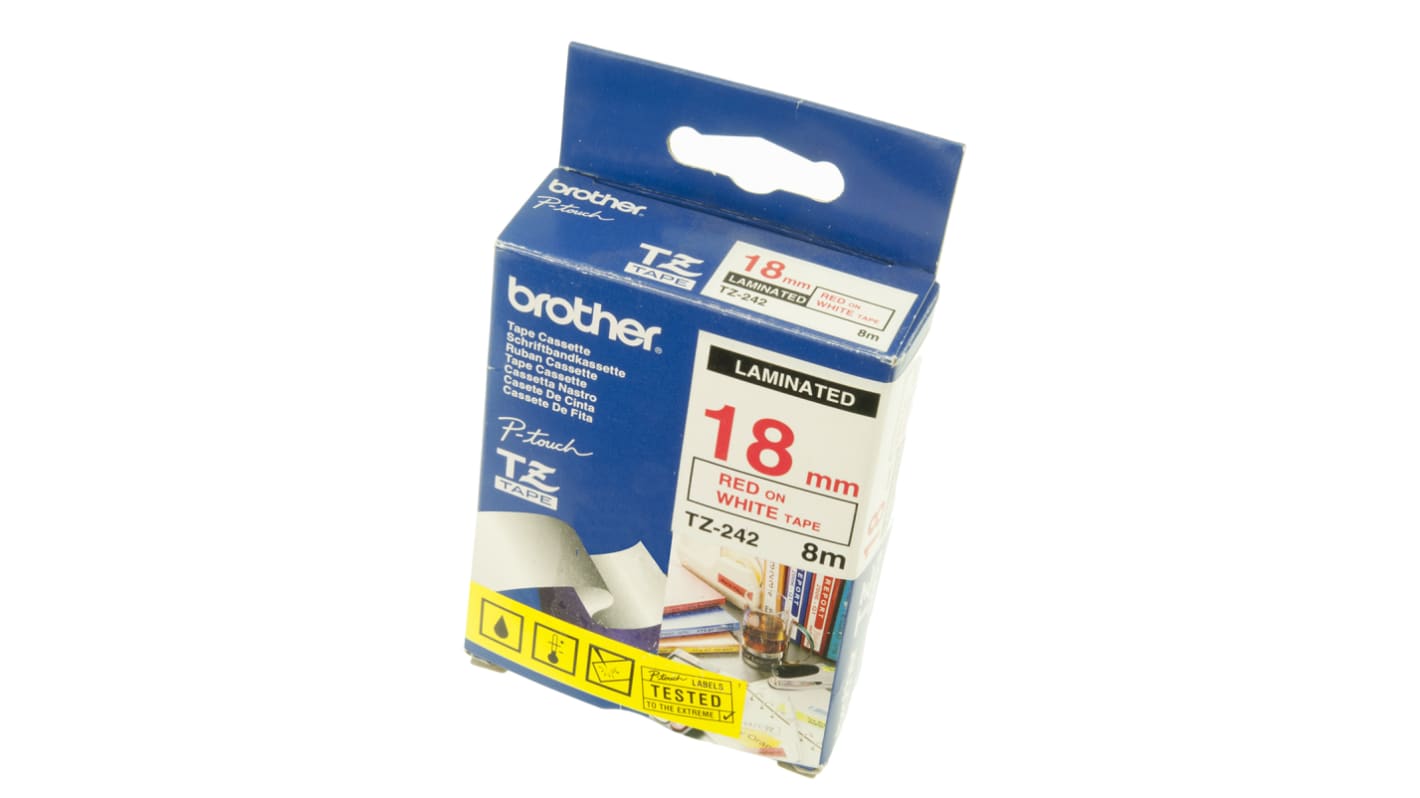 Brother Red on White Label Printer Tape, 8 m Length, 18 mm Width