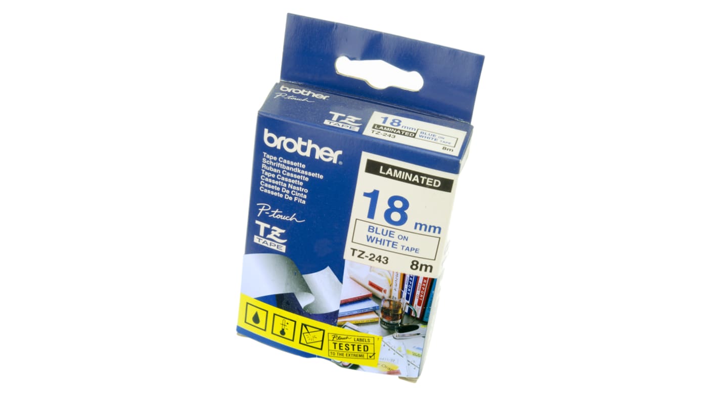 Brother Blue on White Label Printer Tape, 8 m Length, 18 mm Width