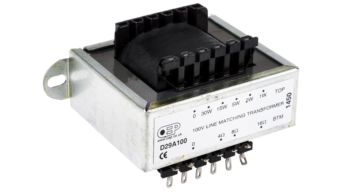 OEP Audio-Transformator / 4 → 16Ω, 1 W, 2 W, 5 W, 15 W, 30 W, 191.5Ω / 0.2Ω Gehäusemontage 105.5 x 65.5 x 58mm