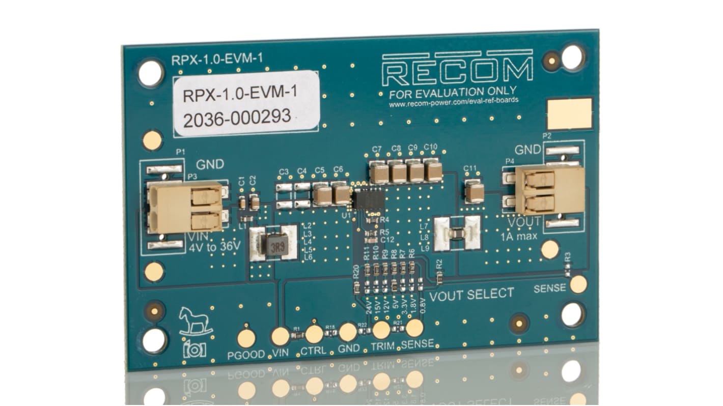 Recom Evaluation Board, for use with RPX-1.0 buck regulator module, RPX-1.0 Series