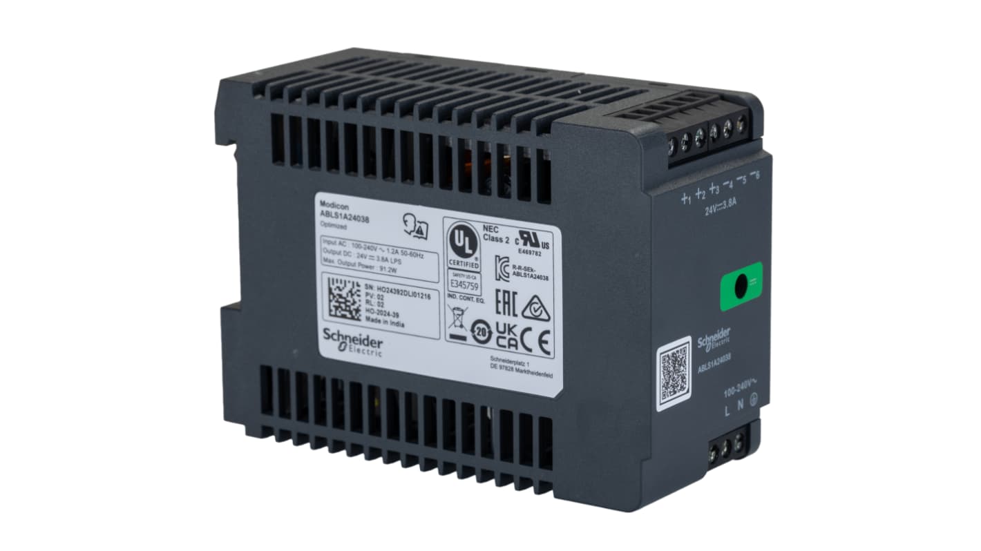 Schneider Electric 开关模式导轨电源, 24V 直流 3.8A输出, 91.2W, 100 → 240V 交流输入, 单相, ABLS1A系列