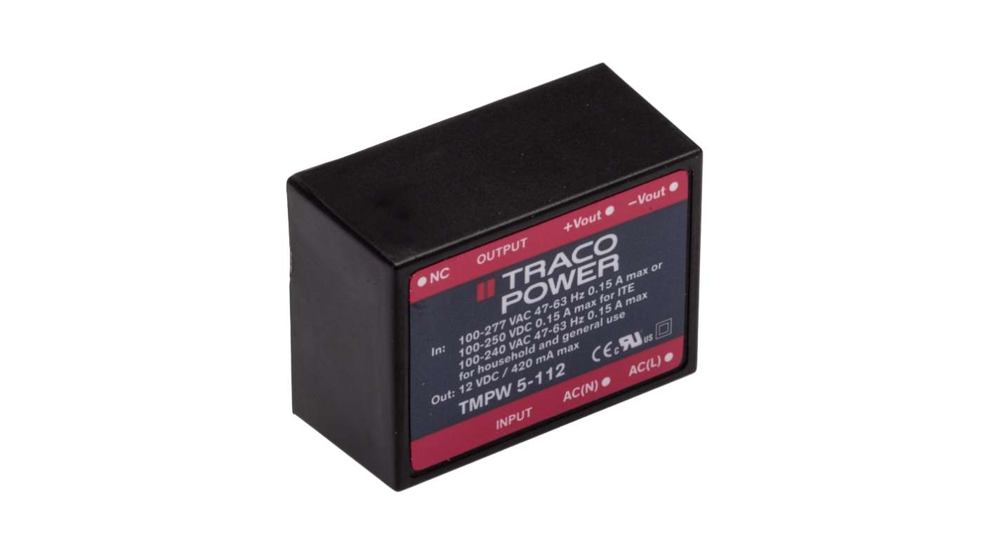TRACOPOWER Switching Power Supply, TMPW 5-112, 12V dc, 420mA, 5W, 1 Output, 90 → 305V ac Input Voltage