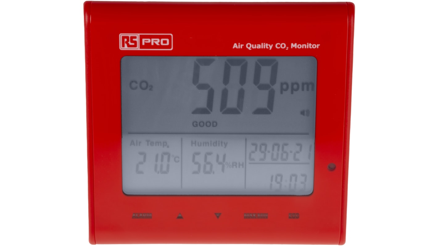 RS PRO DT-802 Air Quality Monitor for CO2, Humidity, Temperature, +50°C Max, 90%RH Max, Mains-Powered