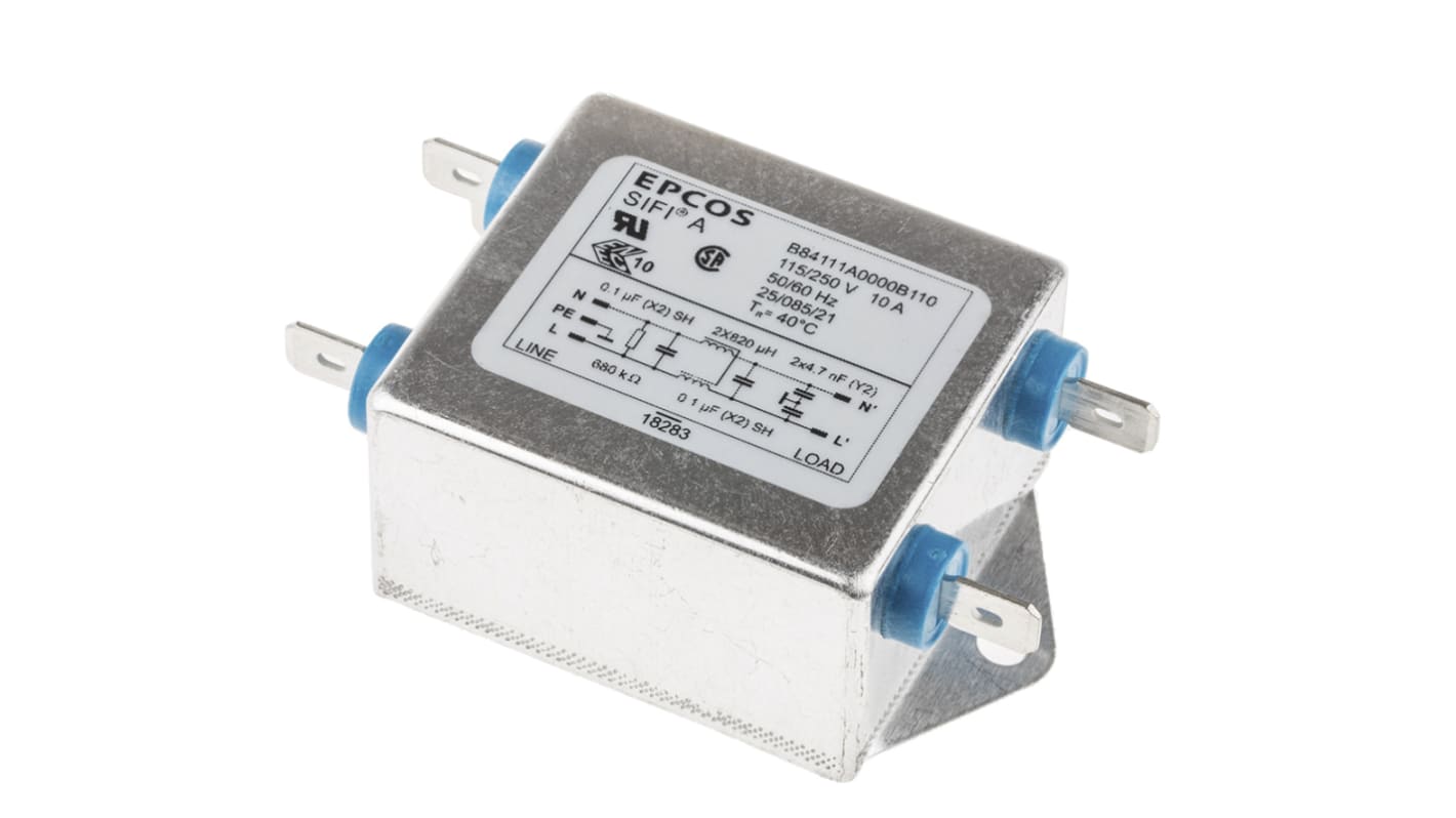 EPCOS 单相EMC滤波器, 10A, 250 V 交流/直流, 60Hz, 法兰安装, 插片接端, 一阶, B84111A系列