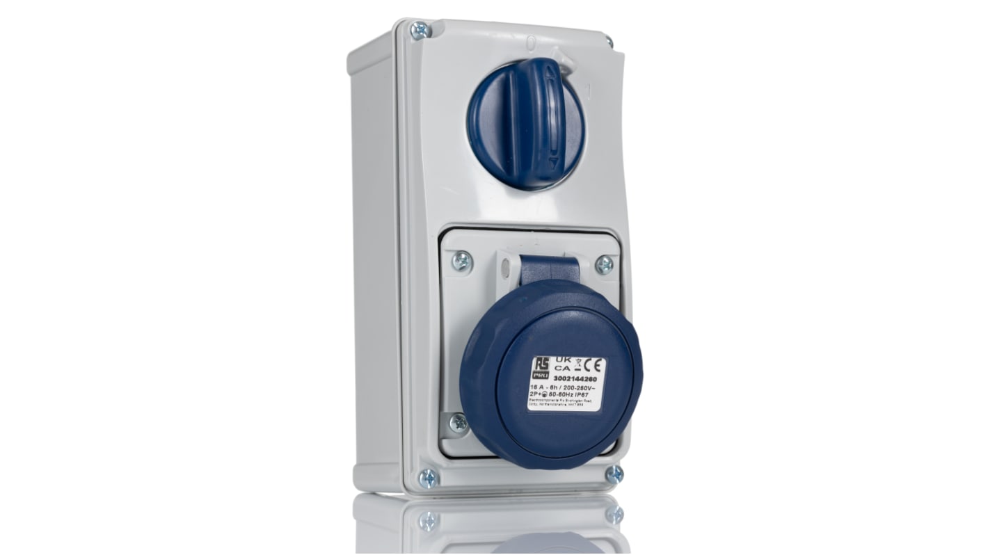 RS PRO IP67 Blue Wall Mount 2P + E Vertical Industrial Power Socket, Rated At 16A, 230 V