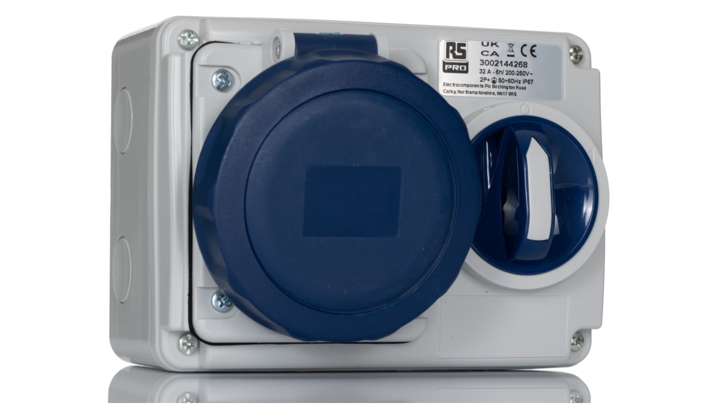 RS PRO IP67 Blue Wall Mount 2P + E Horizontal Industrial Power Socket, Rated At 32A, 230 V