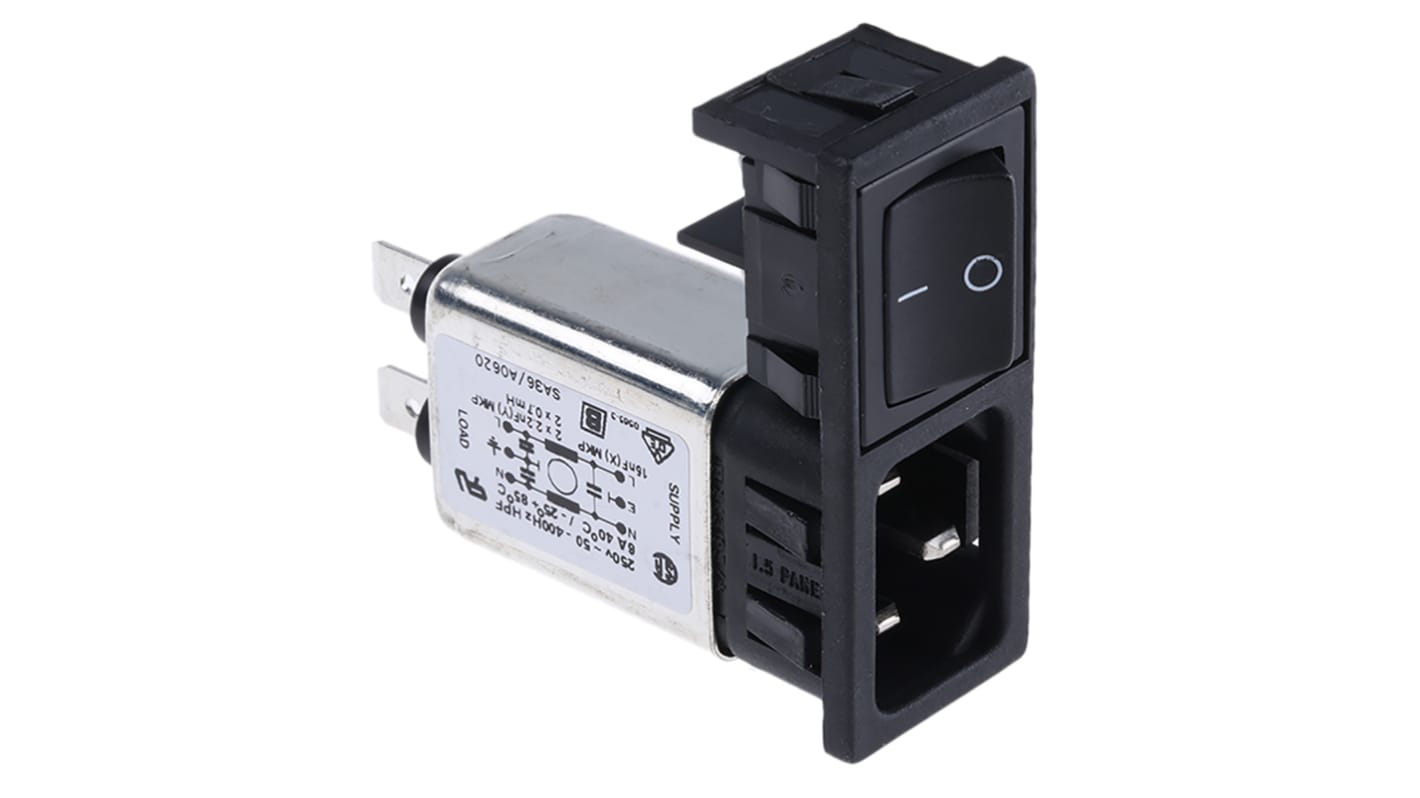 Bulgin C14插座滤波器, 额定电压250 V 交流, 额定电流10A, 2 极开关, 卡入式
