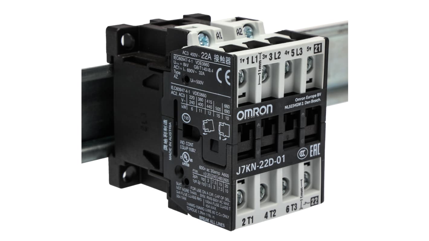 Omron J7KN Series J7KN Contactor, 24 V Coil, 3-Pole, 22 A, 12 kW, 1NC