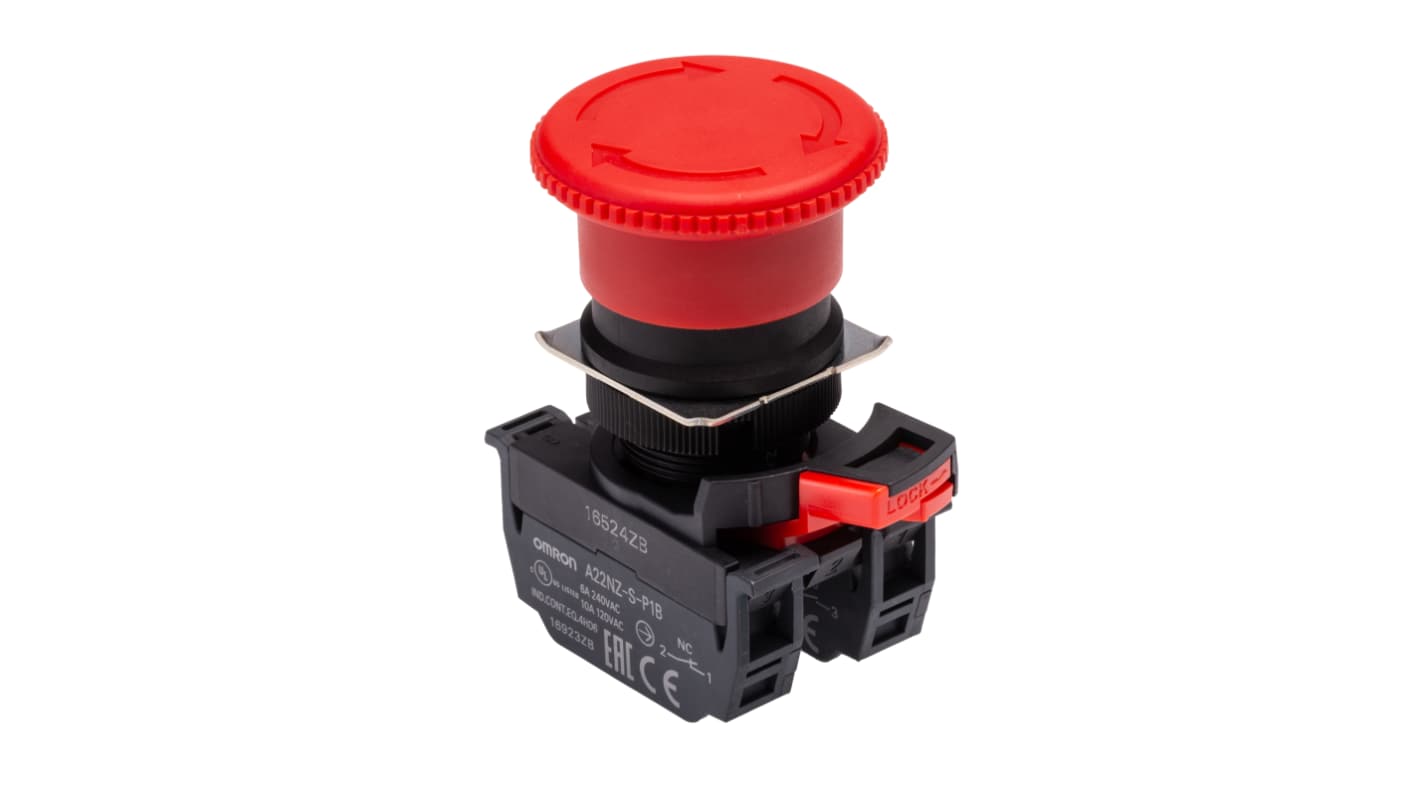 Omron A22NE Series Twist Release Emergency Stop Push Button, Panel Mount, 22mm Cutout, 1 NO + 1 NC, IP65