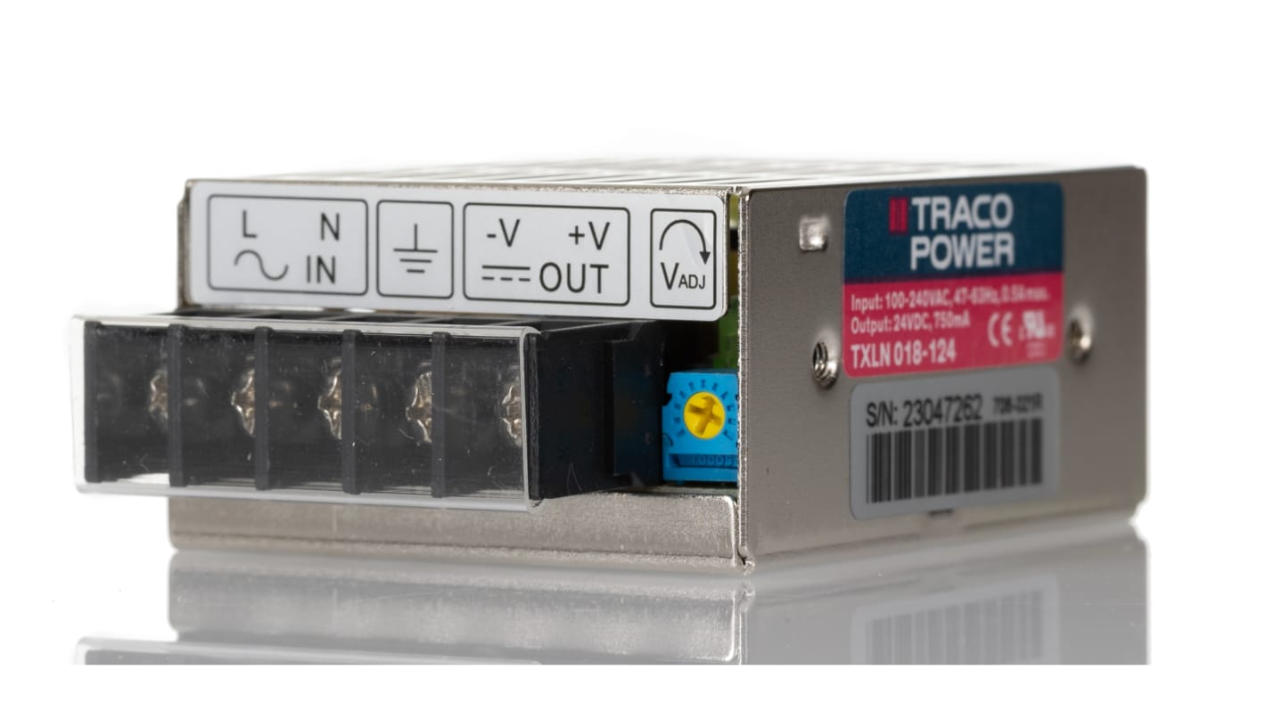 TRACOPOWER Switching Power Supply, TXLN 018-124, 24V dc, 750mA, 18W, 1 Output, 85 → 264V ac Input Voltage