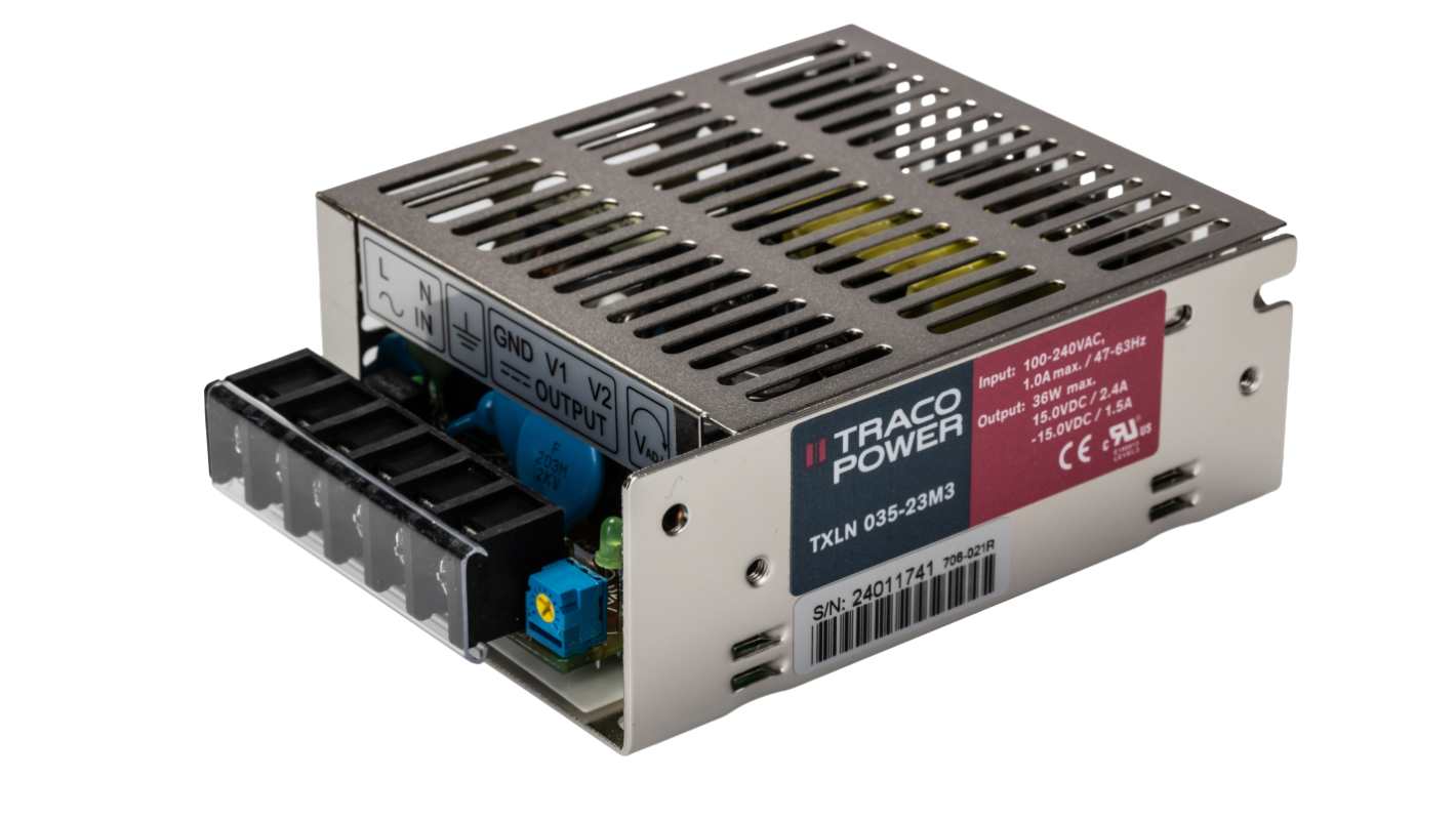 TRACOPOWER Switching Power Supply, TXLN 035-23M3, 15V dc, 1.5A, 35W, Dual Output, 88 → 264V ac Input Voltage
