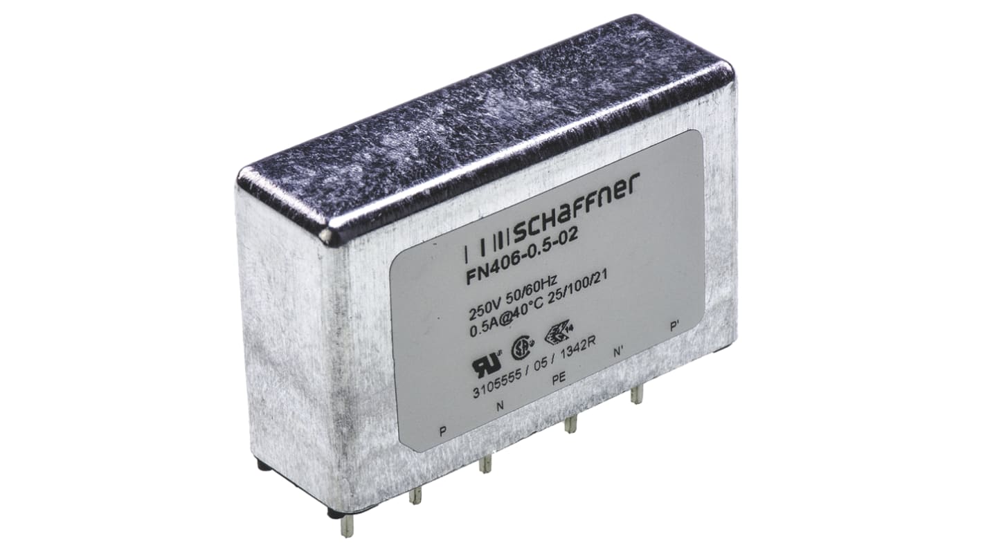 Schaffner, FN406 500mA 250 V ac 400Hz, PCB Mount EMC Filter, Pin, Single Phase