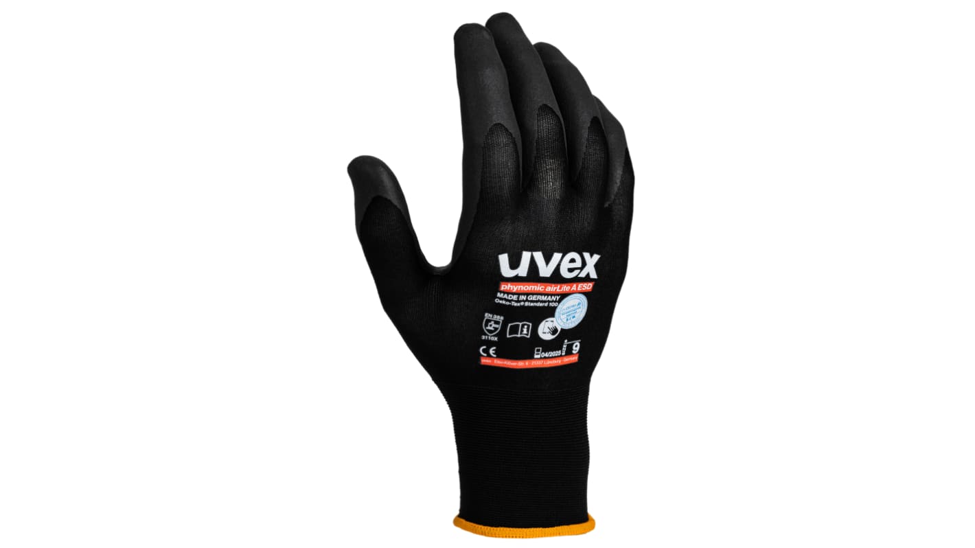 Uvex Black Elastane, Polyamide ESD Safety Anti-Static Gloves, Size 9, Aqua Polymer Coating