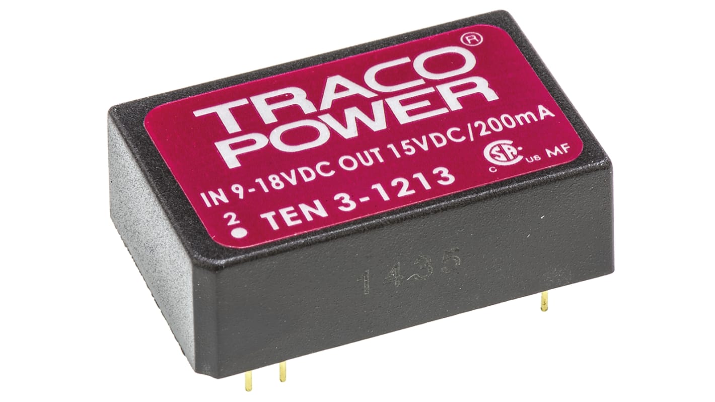 TRACOPOWER TEN 3 DC/DC-Wandler 3W 12 V dc IN, 15V dc OUT / 200mA Durchsteckmontage 1.5kV dc isoliert