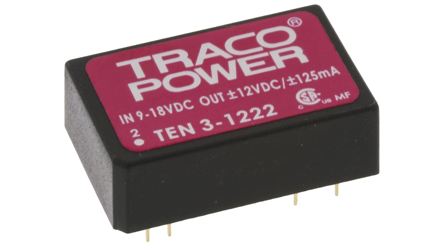 TRACOPOWER TEN 3 DC-DC Converter, ±12V dc/ ±125mA Output, 9 → 18 V dc Input, 3W, Through Hole, +85°C Max Temp