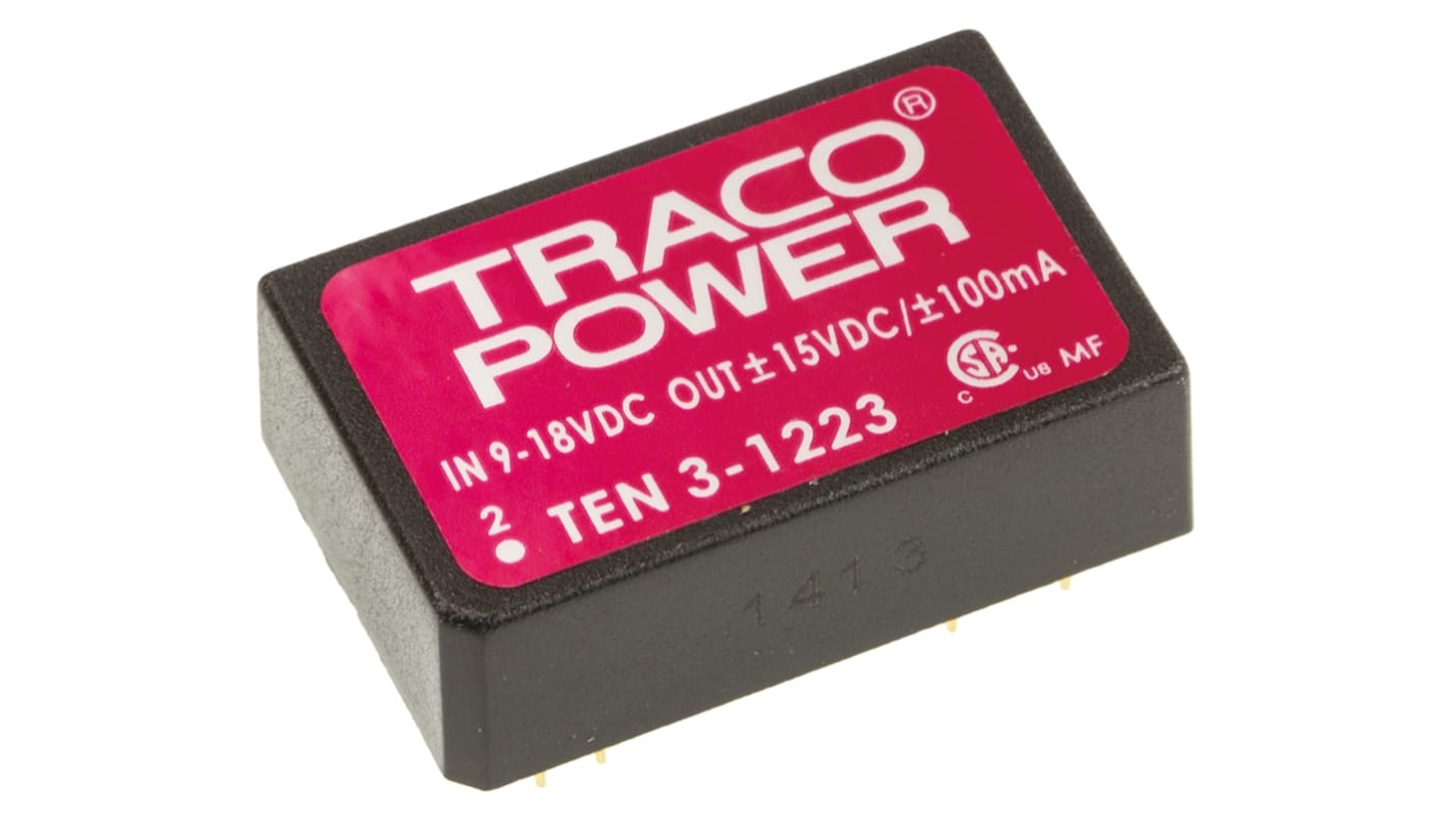 TRACOPOWER TEN 3 DC/DC-Wandler 3W 12 V dc IN, ±15V dc OUT / ±100mA Durchsteckmontage 1.5kV dc isoliert