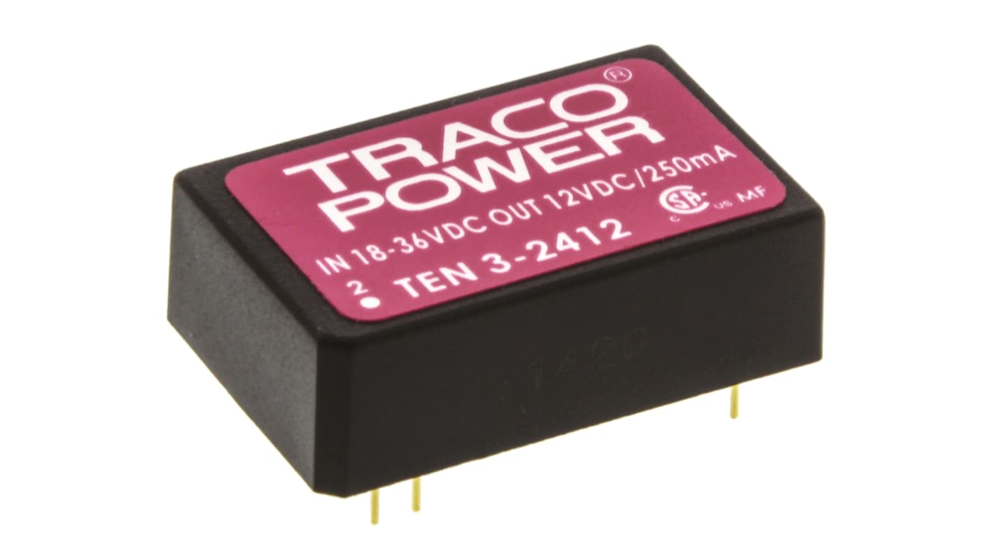 TRACOPOWER TEN 3 DC-DC Converter, 12V dc/ 250mA Output, 18 → 36 V dc Input, 3W, Through Hole, +85°C Max Temp