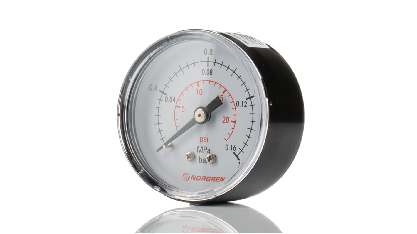 Norgren Analogue Pressure Gauge 1.6bar Back Entry, 18-015-010, 0bar min.