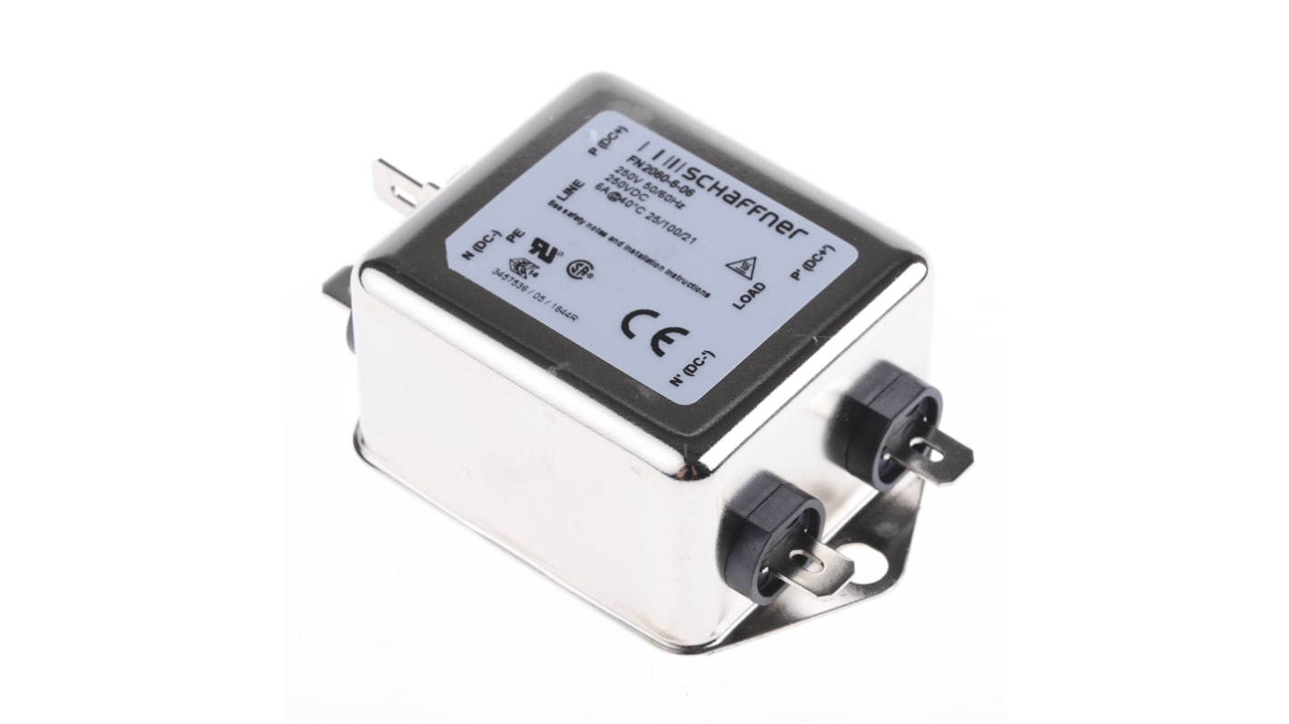 Schaffner 单相EMI滤波器, 6A, 250 V 交流/直流, 400Hz, 底盘安装, Fast-On接端, 二阶, FN2060系列
