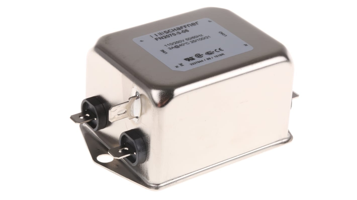 Schaffner, FN2070 3A 250 V ac/dc DC → 400Hz, Chassis Mount EMI Filter, Fast-On, Single Phase