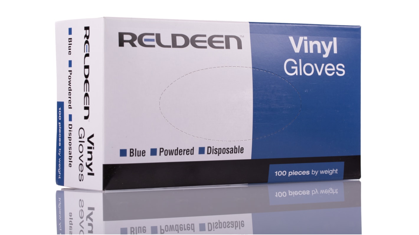 Reldeen Blue Powdered Vinyl Disposable Gloves, Size 9, Large, Food Safe, 100 per Pack