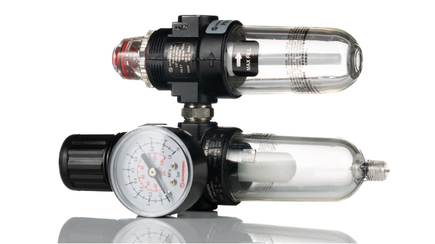 Norgren G 1/4 Filter Regulator Lubricator, Automatic Drain, 40μm Filtration Size - Without Pressure Gauge