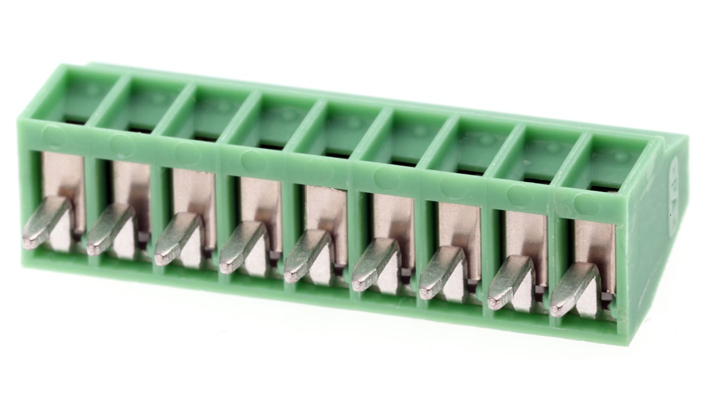 Phoenix Contact PCB端子排, 9p, 2.54mm间距, 6A, 320 V, THT安装, 螺钉端接, 直向, 绿色, MPT 0.5/9-2.54系列