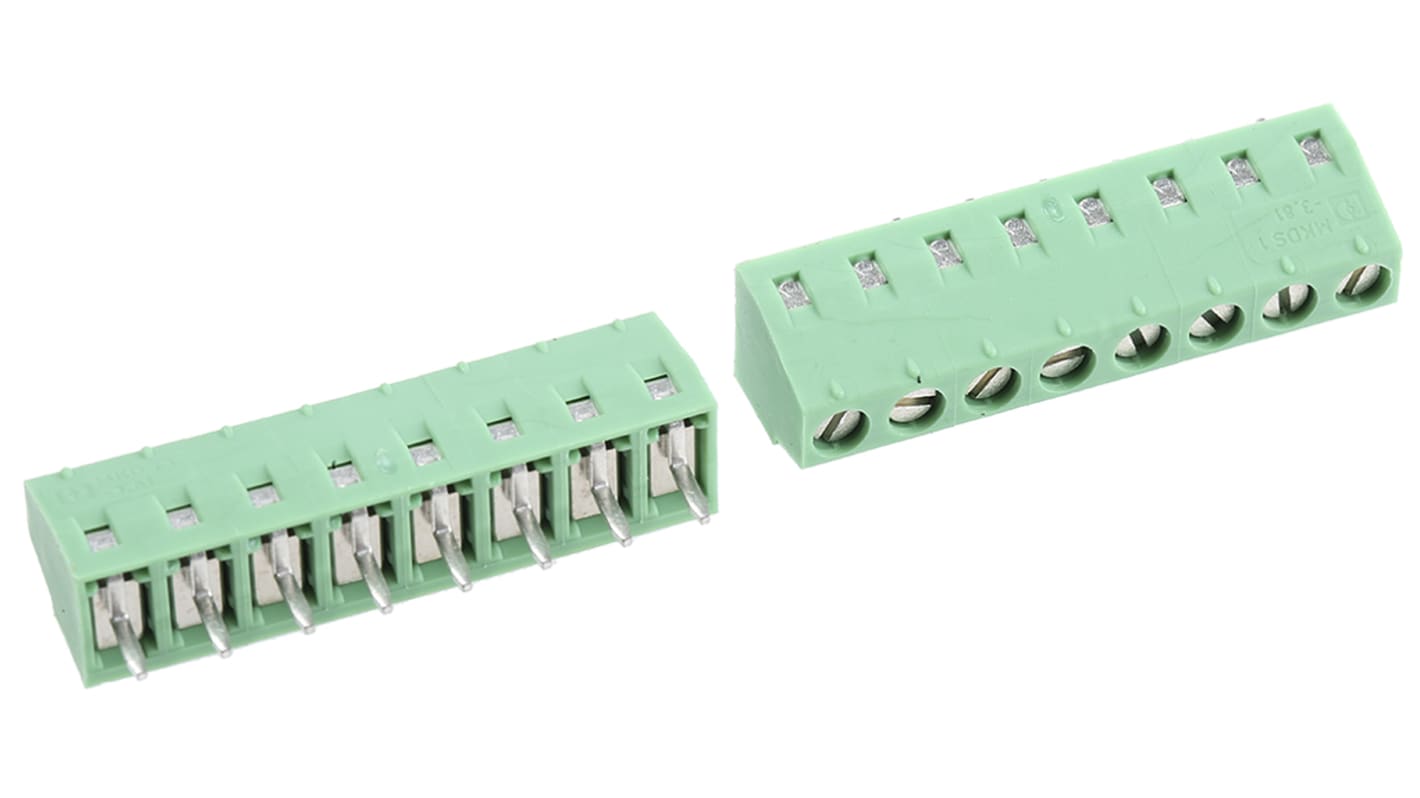 Borne para PCB Phoenix Contact de 8 vías , paso 3.81mm, 13.5A, de color Verde, montaje Montaje en orificio pasante,