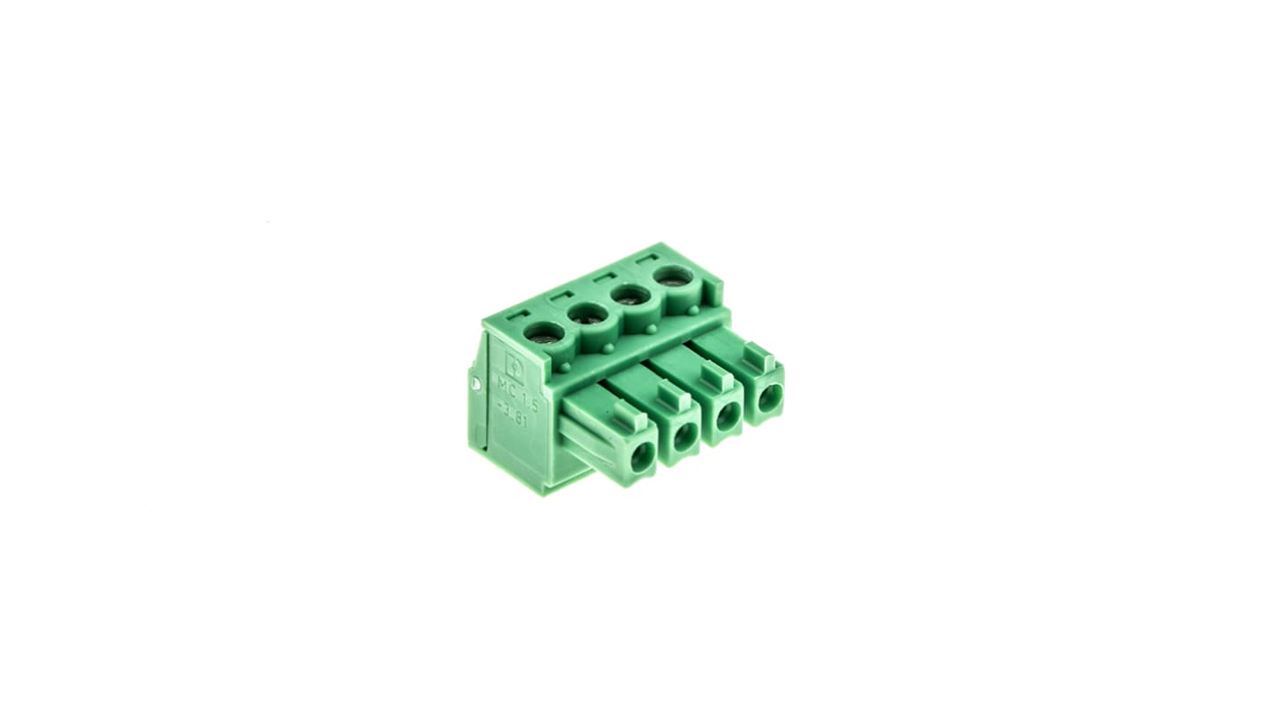 Phoenix Contact, 3.81mm Pitch, MC 1.5/ 4-ST-3.81, 4 Way, , Pluggable Terminal Block, Plug, Cable Mount, Screw