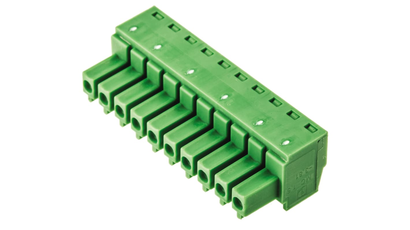 Phoenix Contact, 3.81mm Pitch, MC 1.5/10-ST-3.81, 10 Way, , Pluggable Terminal Block, Plug, Cable Mount, Screw