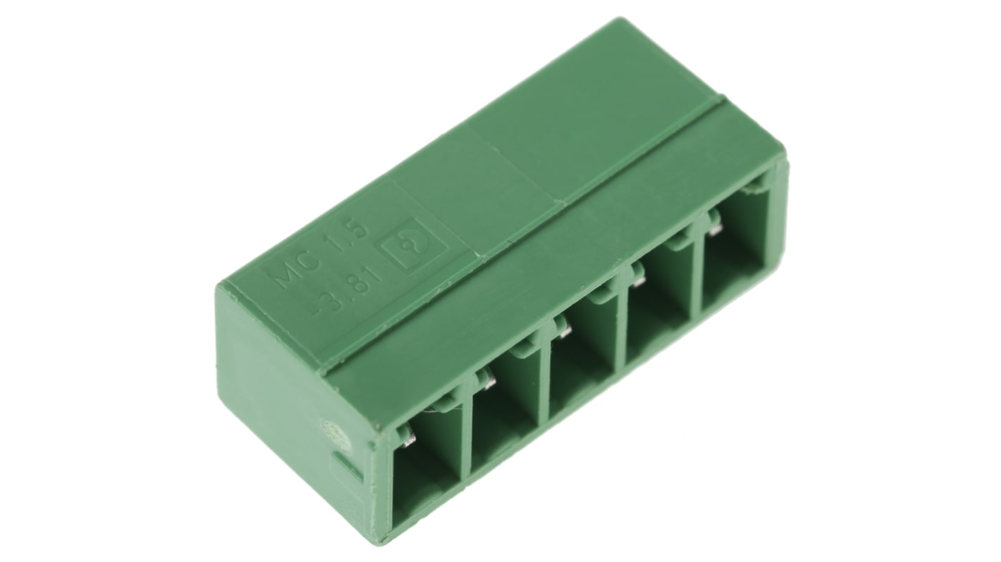 Phoenix Contact, 3.81mm Pitch, MC 1.5/ 5-G-3.81, 5 Way, Right Angle, Pluggable Terminal Block, Header, Through Hole,