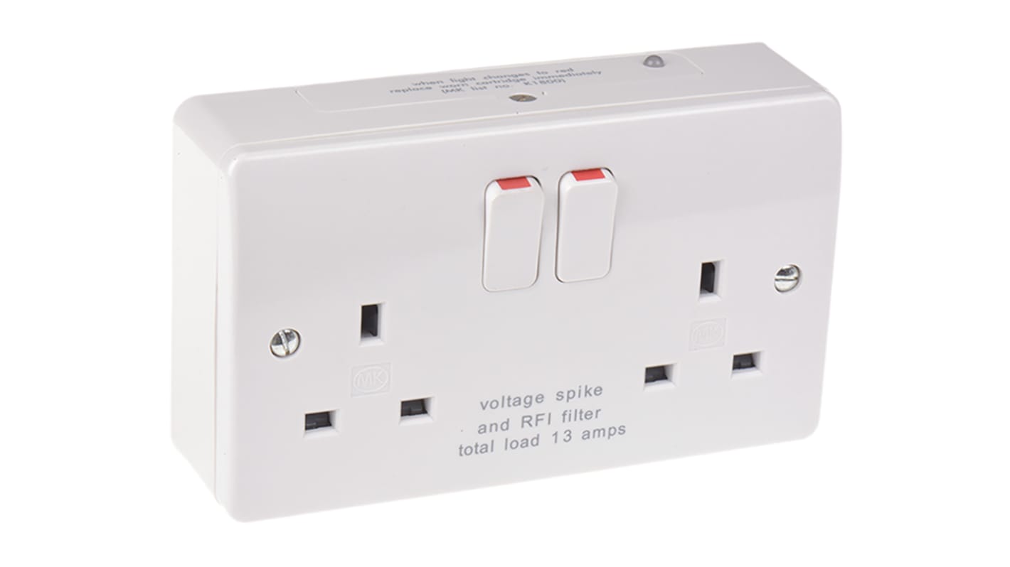 MK Electric 英标插座, 带开关, 2位, 嵌入式安装, 室内使用, 13A, 230 V, 白色, Logic Plus系列