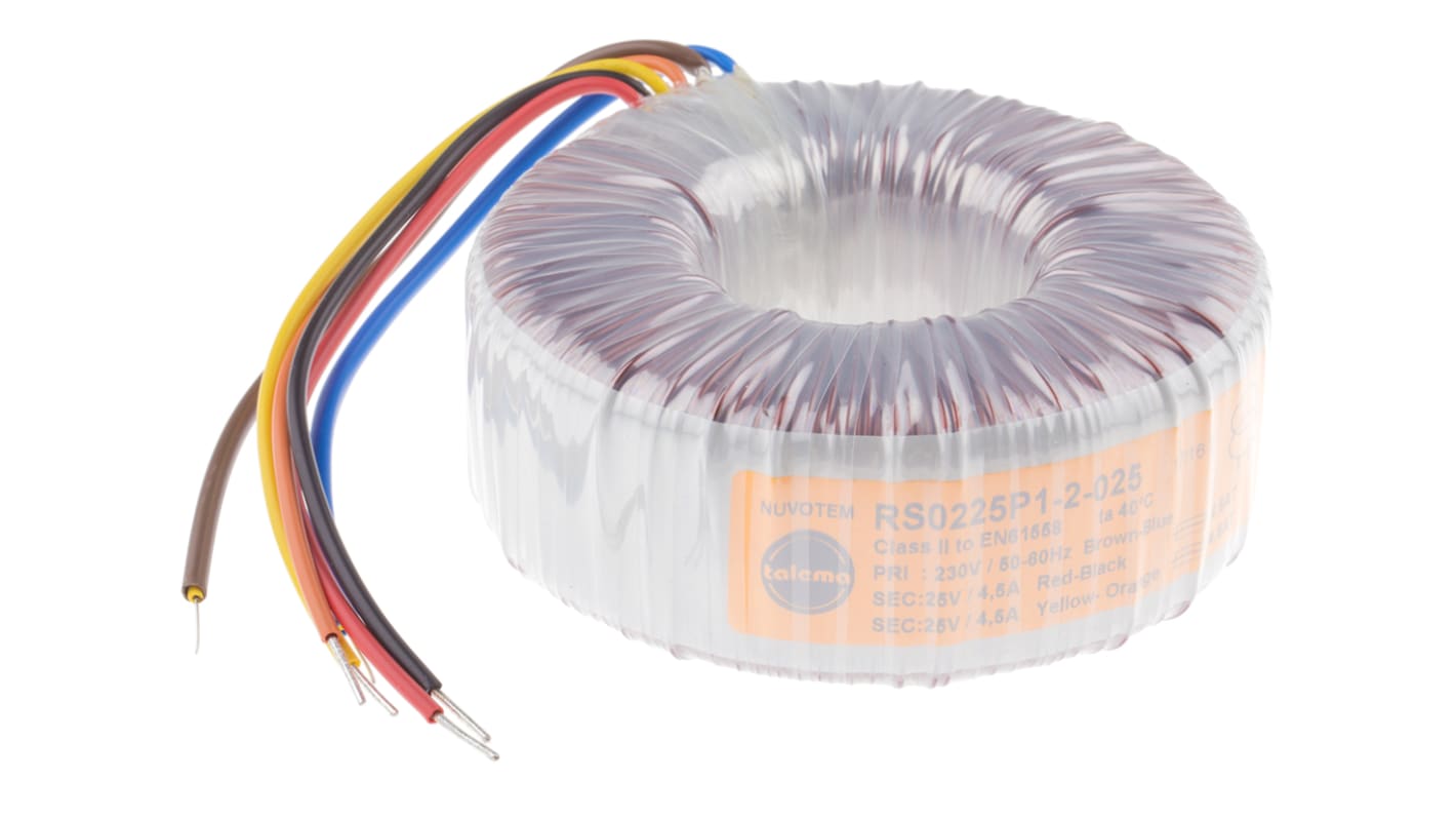 Nuvotem Talema 环形变压器, 225VA, 初级230V 交流, 次级2 x 25V 交流, 4.5A, 2输出, Φ112mm