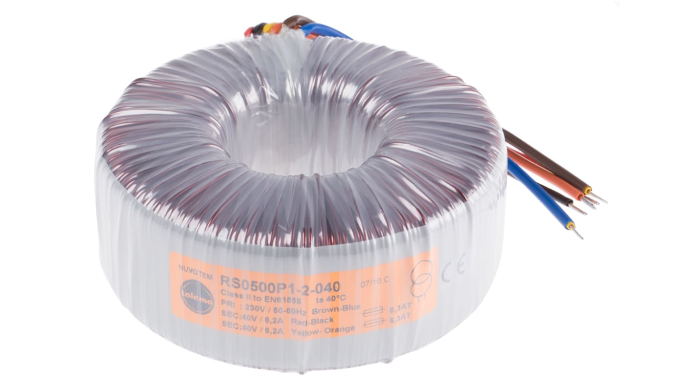 Nuvotem Talema 230V ac, 2 x 40V ac Toroidal Transformer, 500VA 2 Output