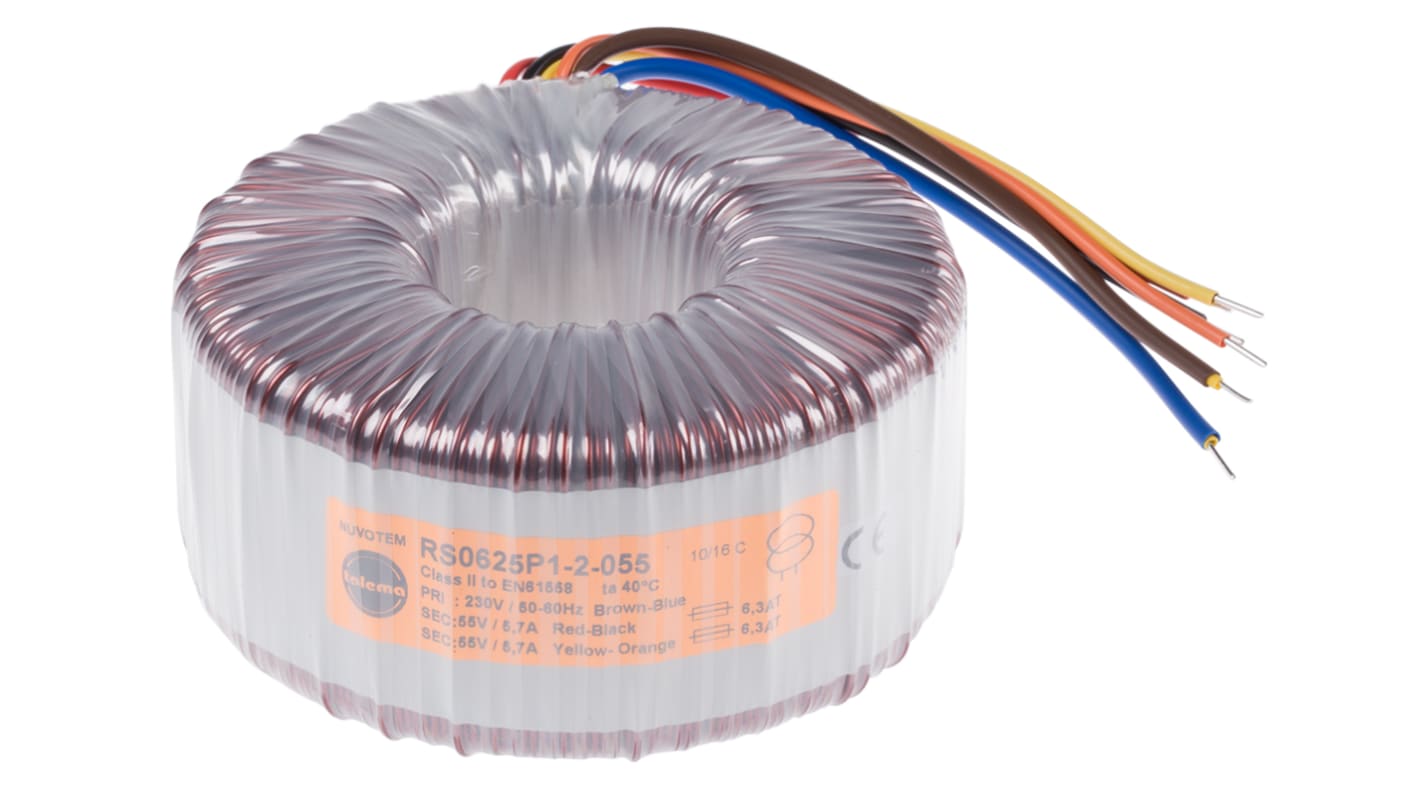 Nuvotem Talema 230V ac, 2 x 55V ac Toroidal Transformer, 625VA 2 Output