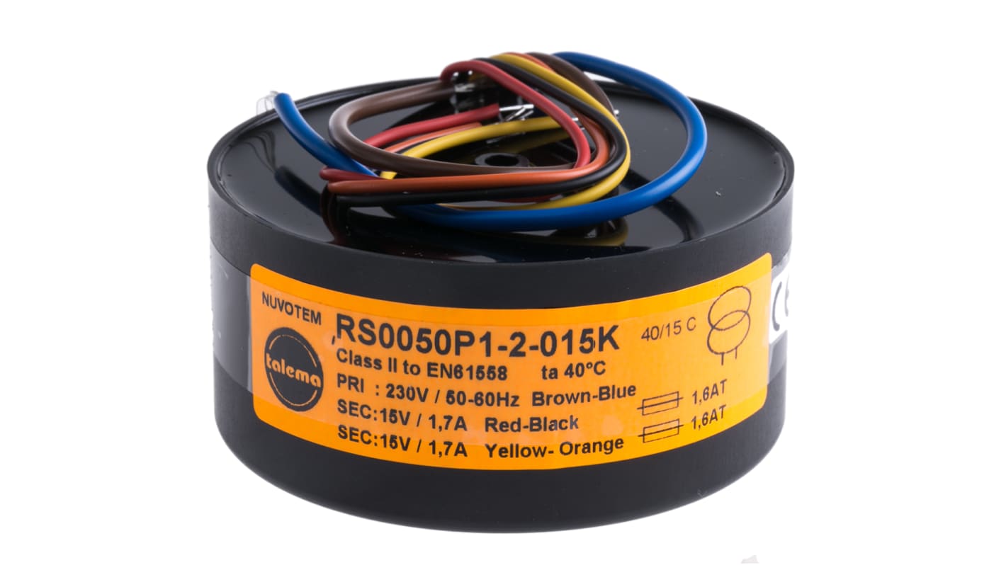 Nuvotem Talema 环形变压器, 50VA, 初级230V 交流, 次级2 x 15V 交流, 1.67A, 2输出, Φ87.3mm
