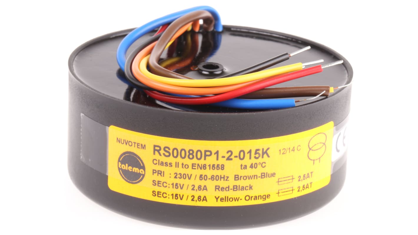 Nuvotem Talema 230V ac, 2 x 15V ac Toroidal Transformer, 80VA 2 Output