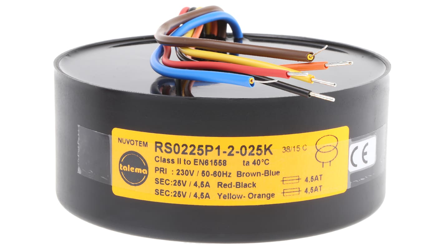 8888 环形变压器, 225VA, 初级230V 交流, 次级2 x 25V 交流, 4.5A, 2输出, Φ112mm