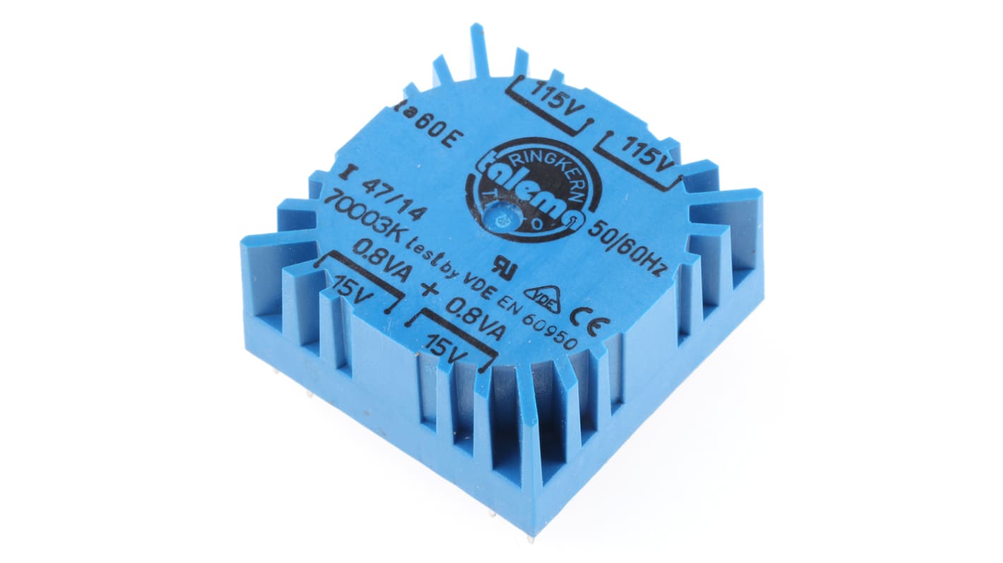 Trasformatore toroidale Nuvotem Talema, 1.6VA, primario 115 V ac, 230 V ac, secondario 2 x 15V ca, Circuito stampato