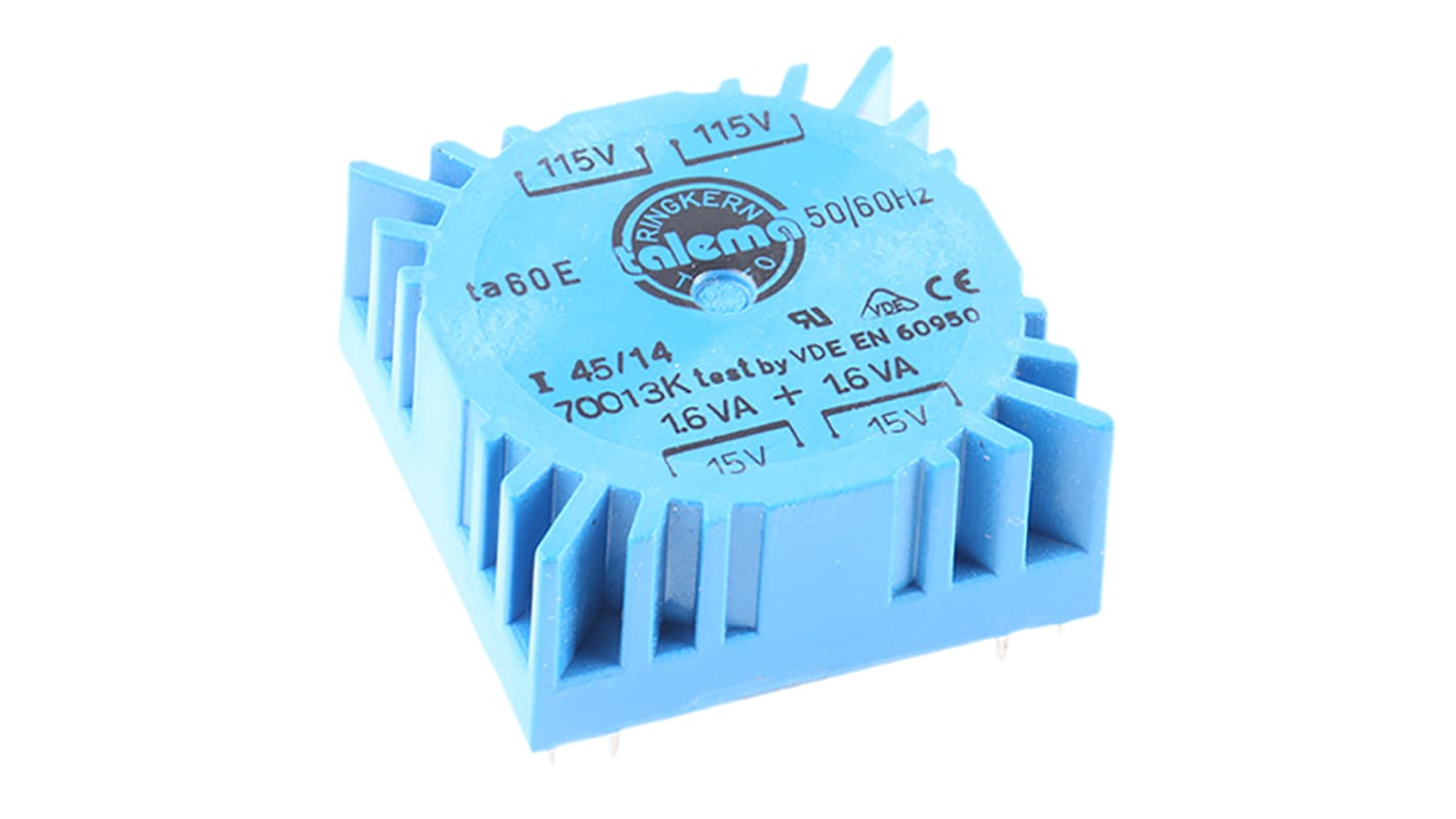 Nuvotem Talema 环形变压器, 3.2VA, 初级115 V ac, 230 V ac, 次级2 x 15V 交流, 107mA, 2输出, PCB安装