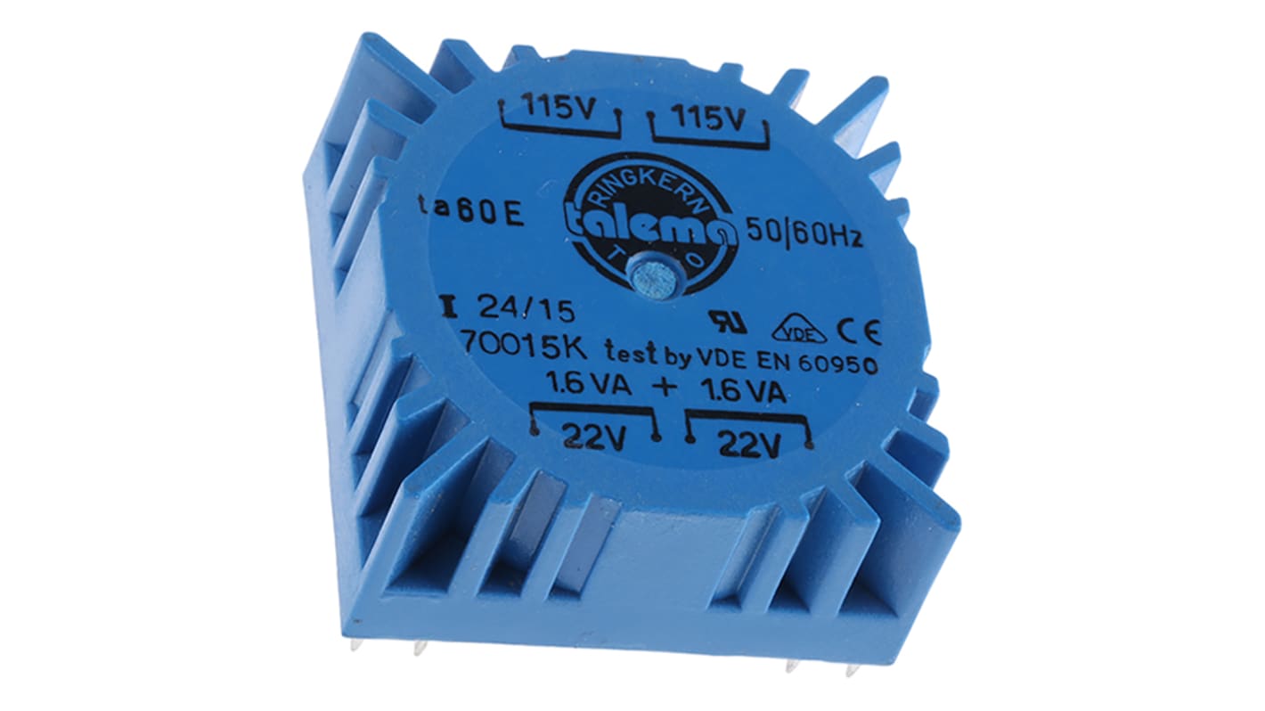 Nuvotem Talema 环形变压器, 3.2VA, 初级115 V ac, 230 V ac, 次级2 x 22V 交流, 73mA, 2输出, PCB安装