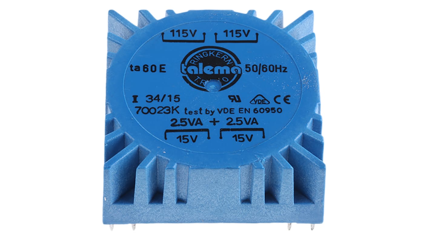 Nuvotem Talema トロイダルトランス,1次：115 V ac, 230 V ac,2次：2 x 15V ac,電力：5VA 70023K