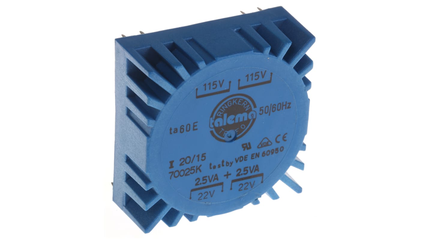 Trasformatore toroidale Nuvotem Talema, 5VA, primario 115V ac, 230V ac, secondario 2 x 22V ca, Circuito stampato