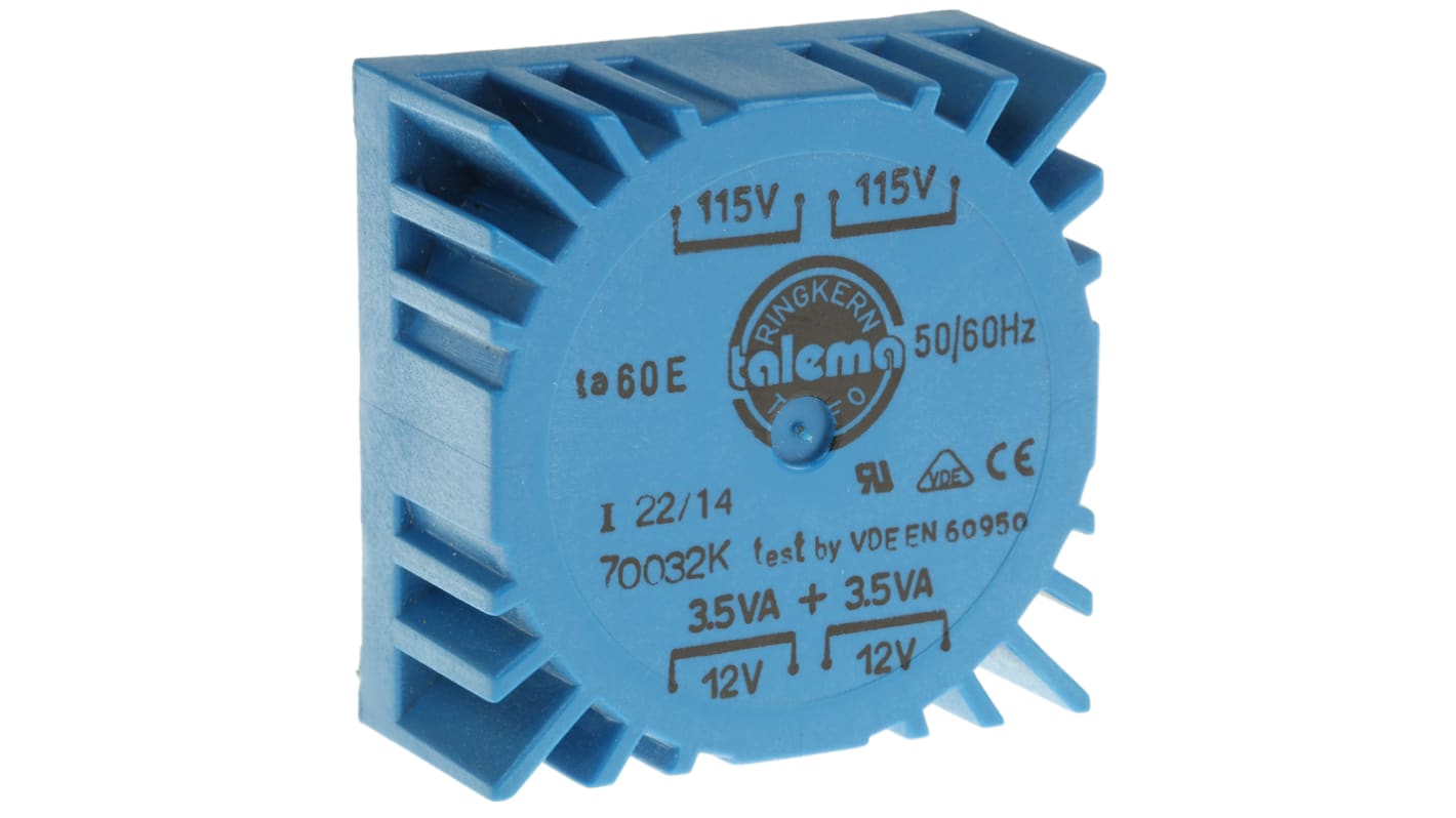 Nuvotem Talema 环形变压器, 7VA, 初级115 V ac, 230 V ac, 次级2 x 12V 交流, 292mA, 2输出, PCB安装