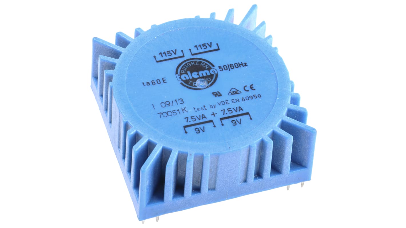 Nuvotem Talema 环形变压器, 15VA, 初级115 V ac, 230 V ac, 次级2 x 9V 交流, 833mA, 2输出, PCB安装